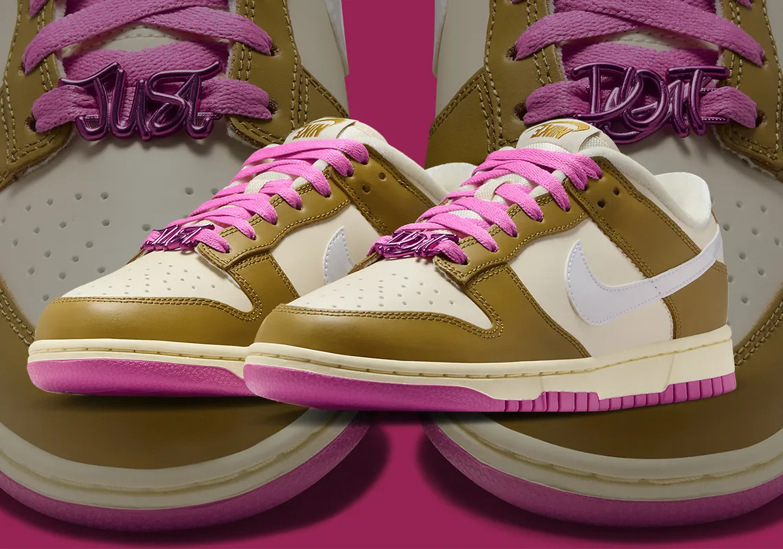 Nike has introduced “Just Do It Shoelery” to the Nike Dunk Low, featuring vibrant hot pink accents for added flair.