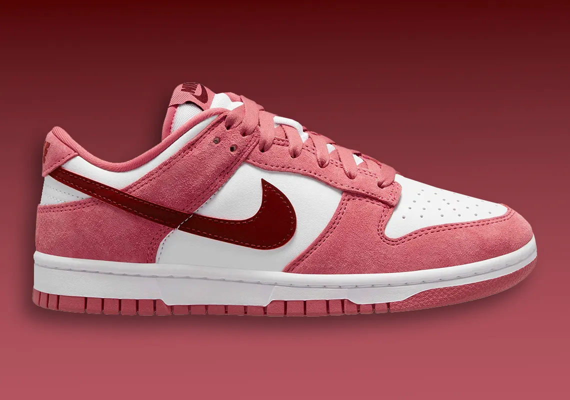 The Nike Dunk Low emerges with traditional Valentine’s Day hues, hinting at the impending season of love.