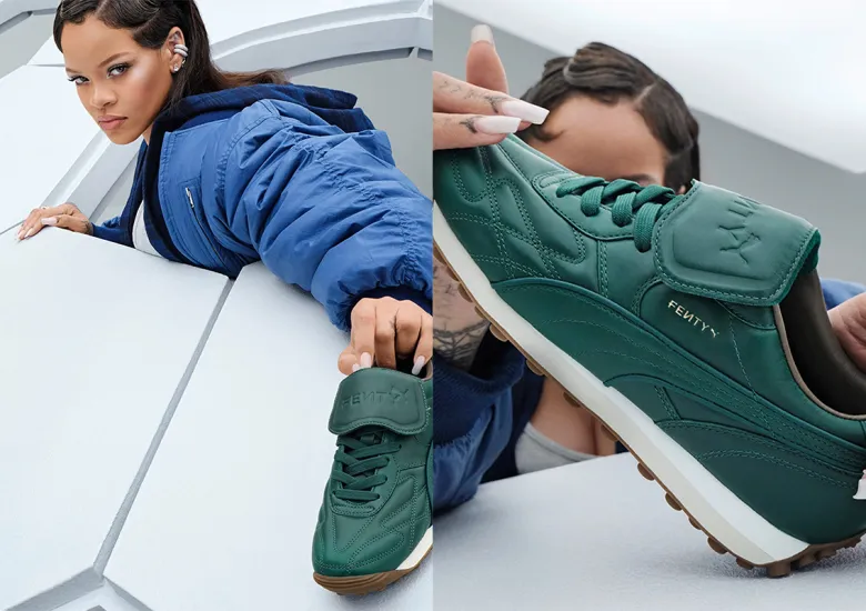 Rihanna is set to launch her renewed collaboration with PUMA, featuring the return of the FENTY Avanti L sneakers in a stylish navy and green leather colorway.