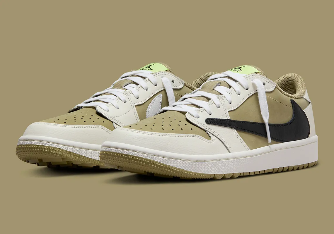 Images of the Travis Scott x Air Jordan 1 Low OG Golf “Olive” that have been released by the official source.